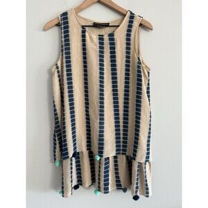 Hemant & Nandita Anthropologie Silk Pom Pom Tunic Blouse Size 6 Tan Blue Stripe